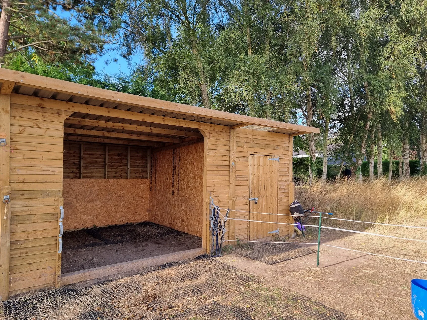 A timber field shelter and tack room in the pony paddock